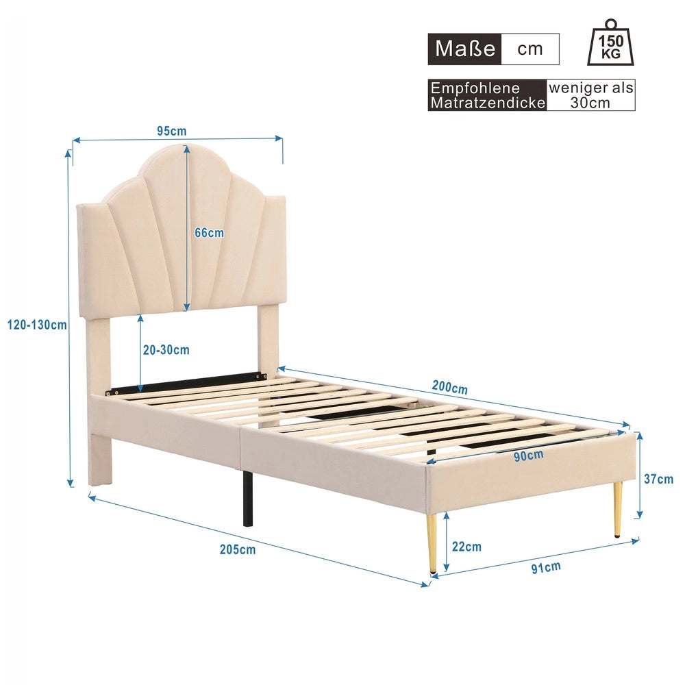 Letto Imbottito in Velluto con Testiera Regolabile ¨C MINIMAL ¨C 90x200, Beige