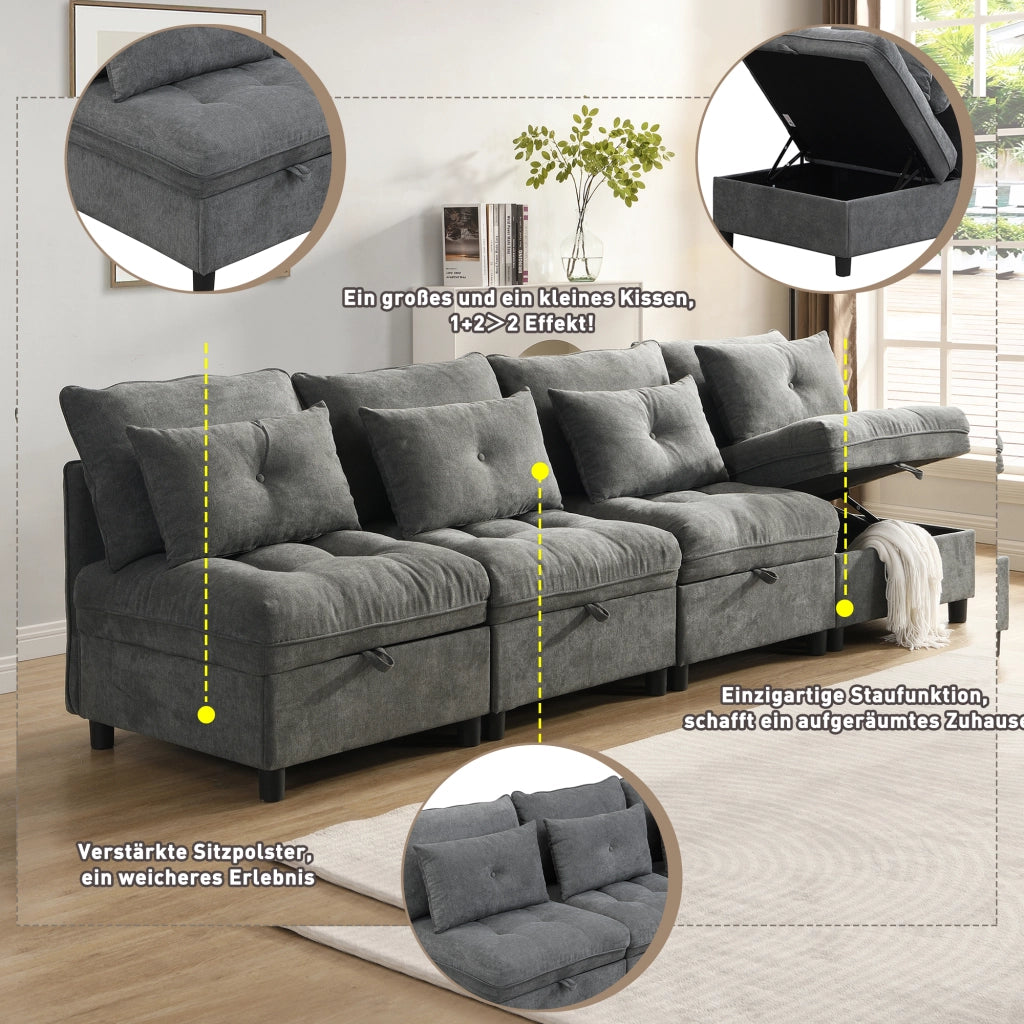 DIVANO modulare 4 posti in chenille grigio antico con contenitore