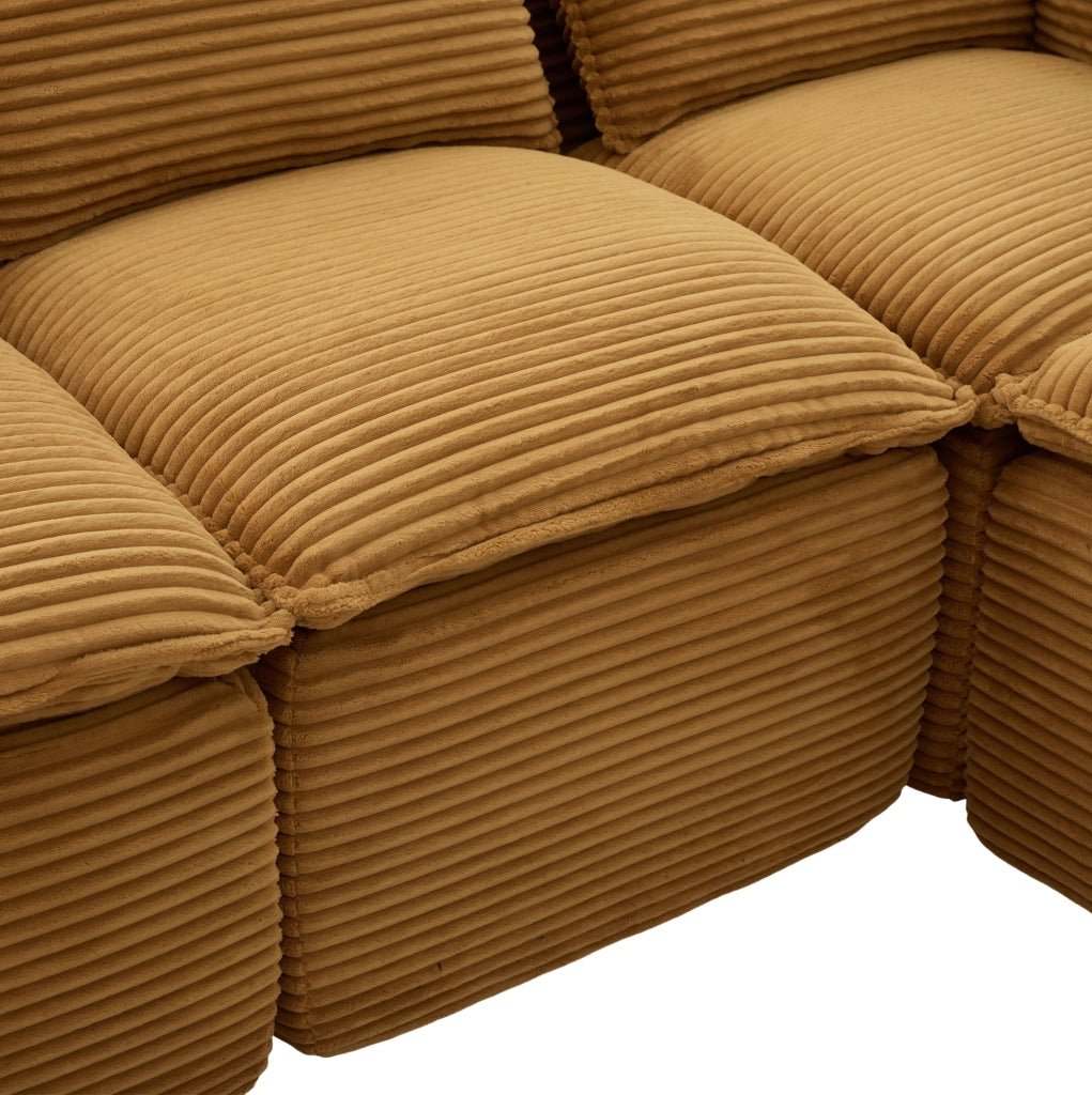 Divano modulare 3 posti con pouf; tasche laterali e cuscini; in corduroy arancione 256x161x75 cm
