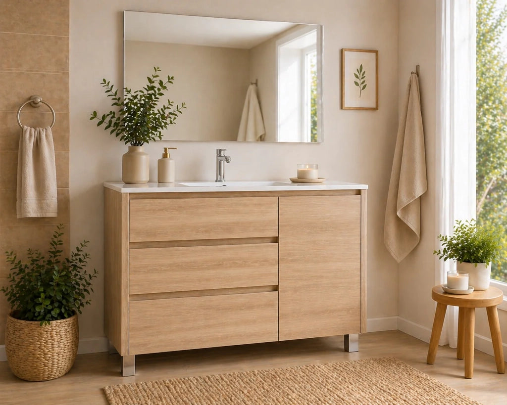 Mobile Bagno VOLUM Già Montato 3 cassetti e porta, lavabo e specchio Estepa 100x45 cm