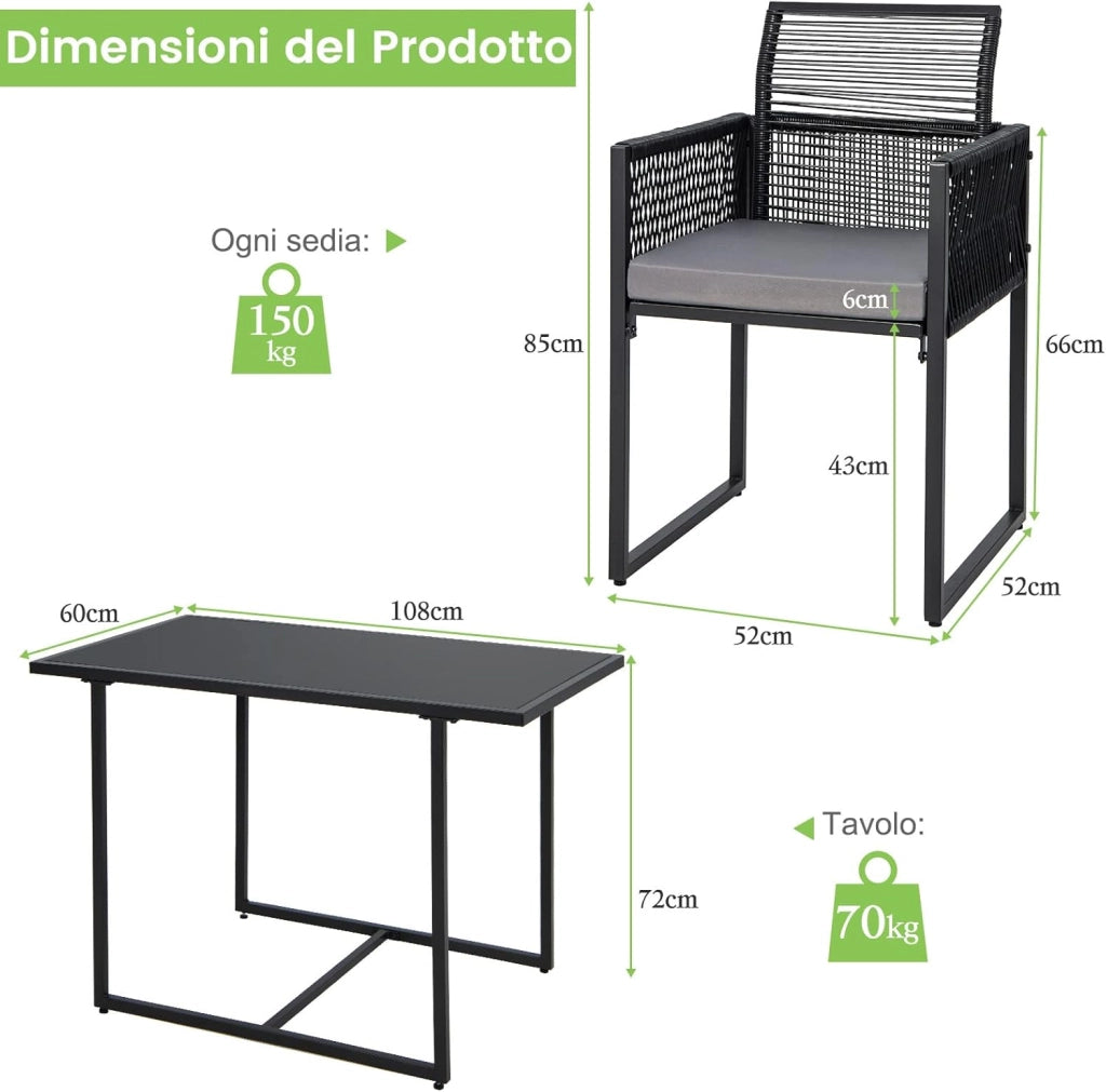 Set di 3 Pezzi Pranzo da Giardino, Set di Tavolo e Sedie da Esterno in Rattan PE con Schienali Pieghevoli, Tavolo in Vetro Temperato, per Balcone Giardino