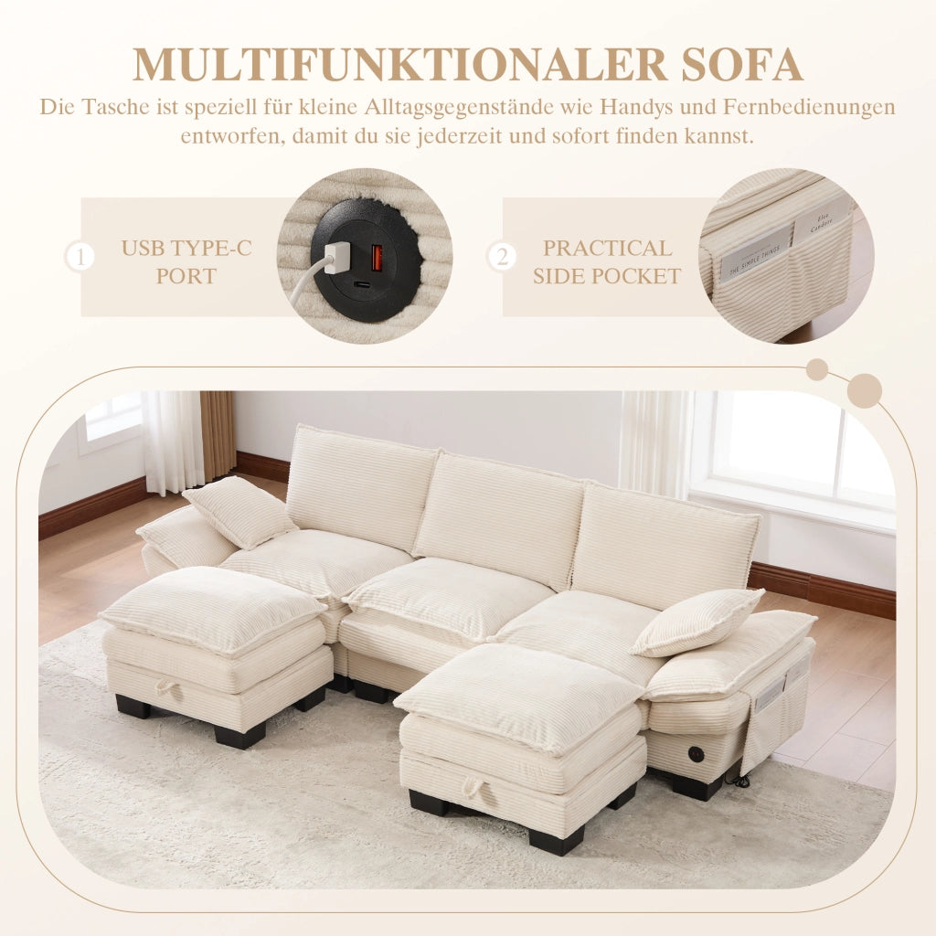 DIVANO Modulare 3 posti 260x132x84 cm in Corduroy Beige con 2 Pouf