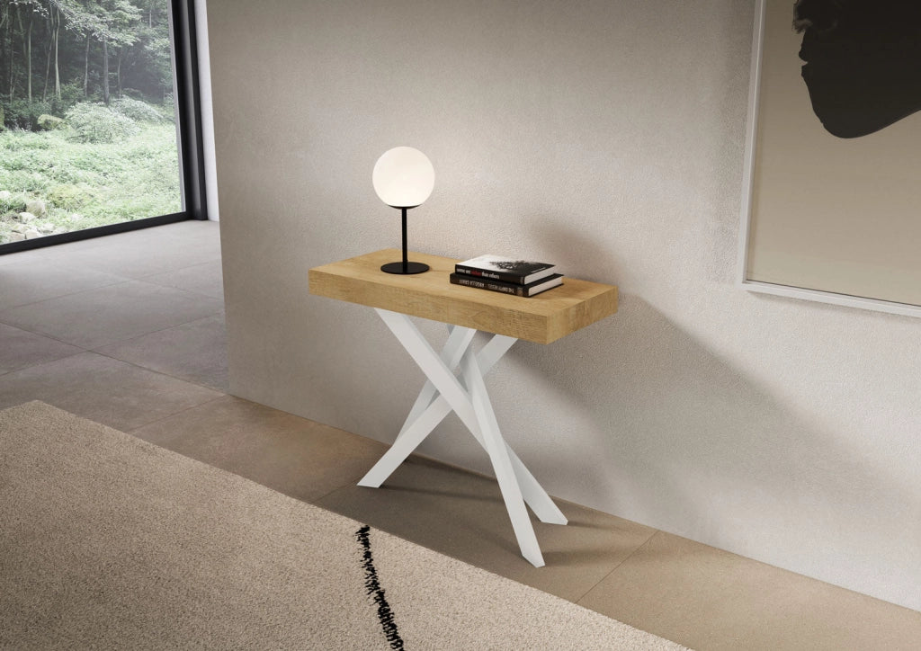 Consolle Allungabile 90-196x40x77 cm Saki Small Quercia Natura Gambe Bianche