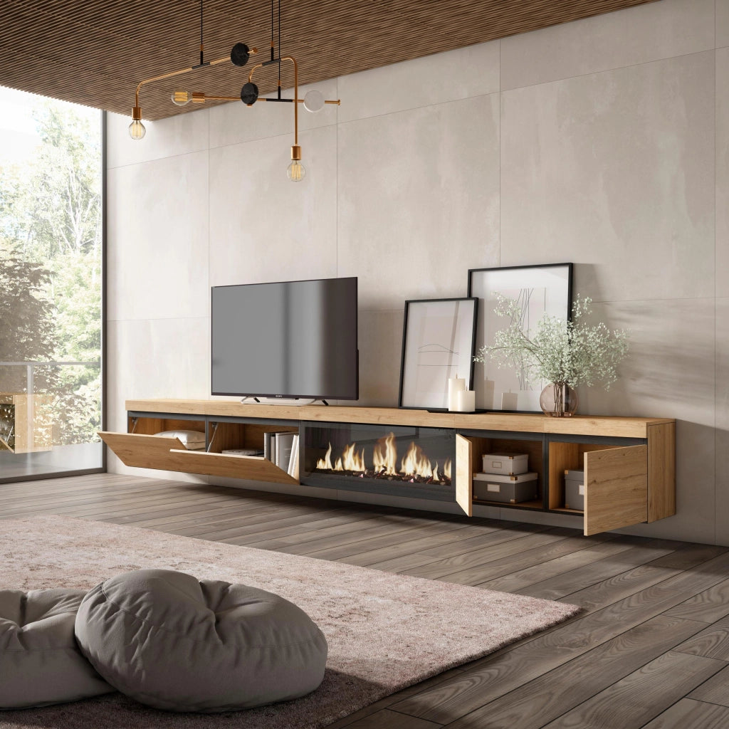 Mobile TV Soggiorno, 368x35x45, Camino elettrico XXL, da appendere, colore Rovere RF3691