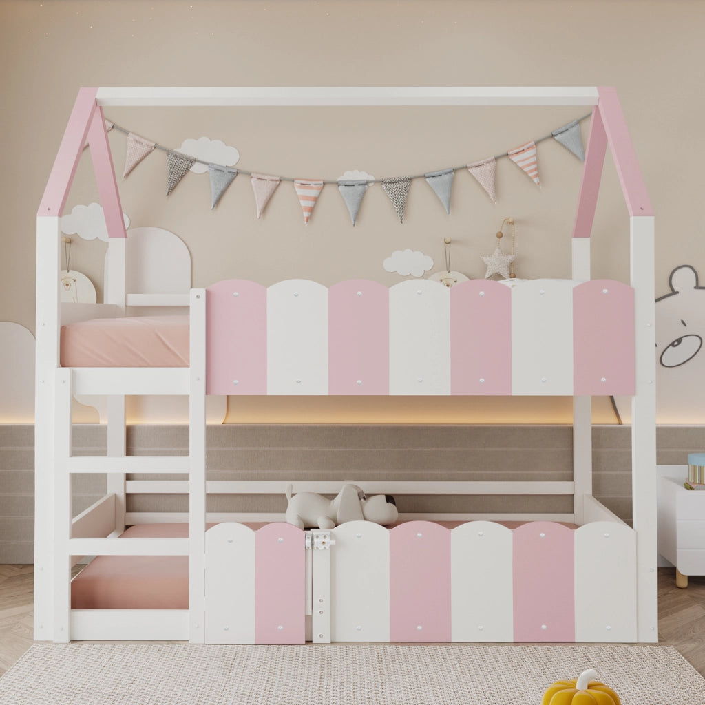 DESMIU Letto a castello per bambini 90 × 200 cm con porta, sponde di sicurezza, senza materasso, in legno, rosa