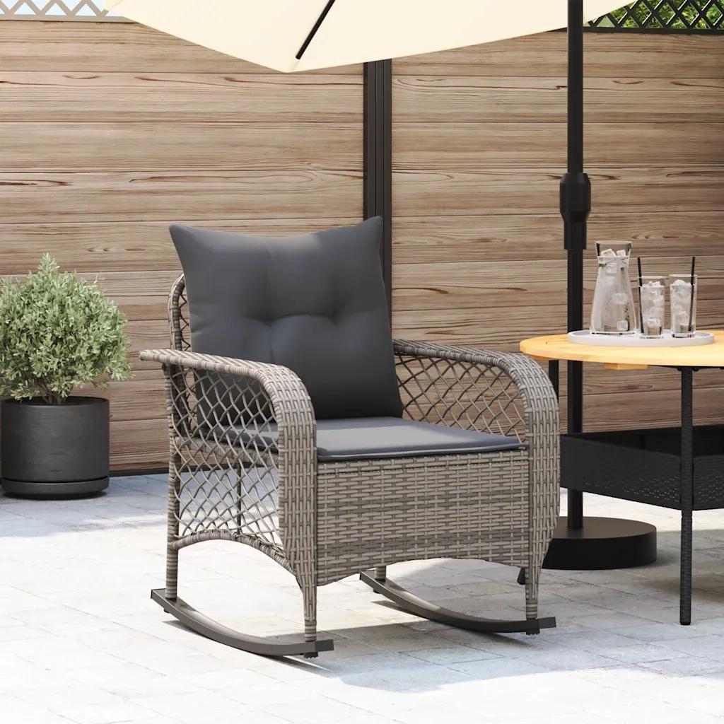 Sedia a Dondolo da Giardino con Cuscini in Polyrattan Grigio 4104195
