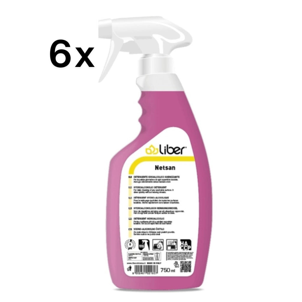 Netsan 6 Pezzi x 750 ml, Spray Multiuso Neutro Pulisce e Sgrassa Veloce HACCP | Liber