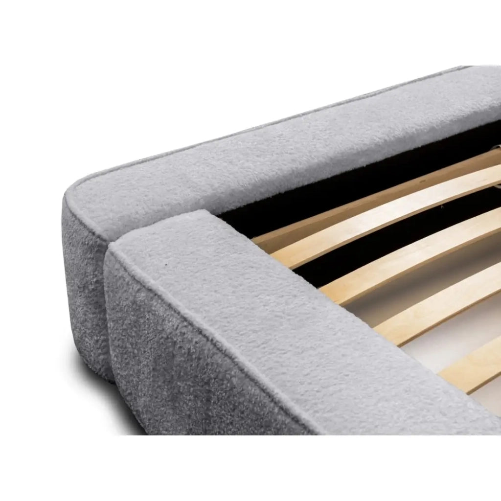 Letto contenitore VELORA – Grigio perla bouclé – 160x200 cm – Tessuto velluto morbido – Rete sollevabile – Spazio di stoccaggio integrato