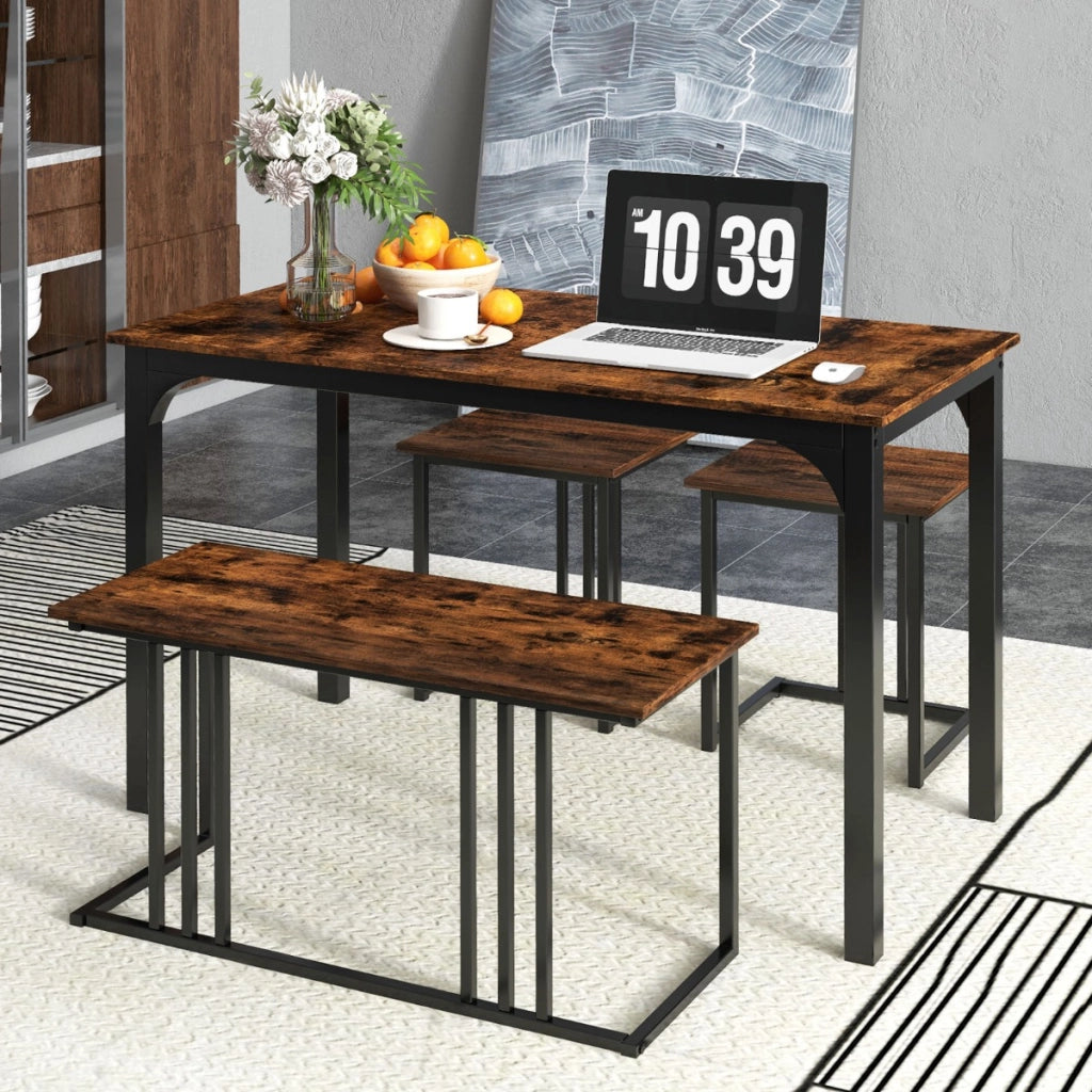 Set di tavolo da pranzo da 4 pezzi per 4 persone, Tavolo da cucina con panca e 2 sgabelli con struttura in metallo Marrone-Tavoli e sedie da pranzo