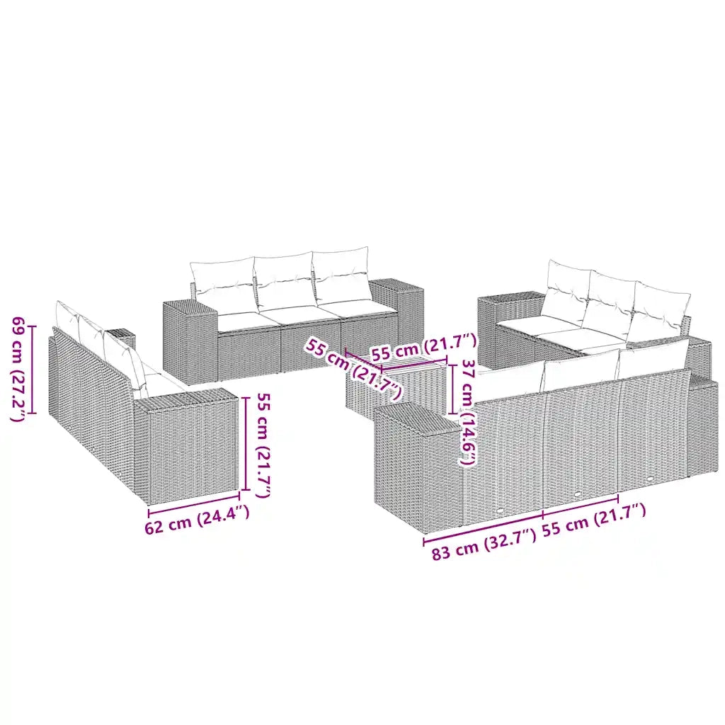 Set Divani da Giardino 13pz con Cuscini Nero in Polyrattan 3257708