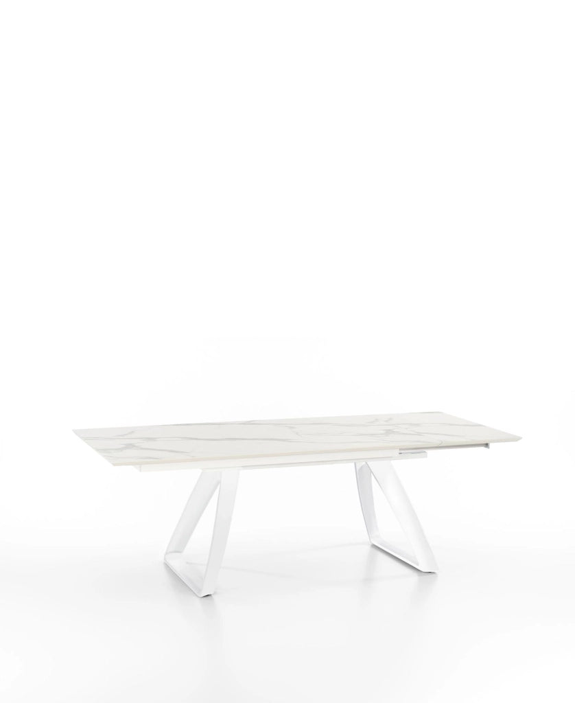 Tavolo Allungabile Barret 170/270x90 cm in HPL su MDF, Struttura con Gambe in Metallo Bianco e Top Marmo Calacatta - Arredo Moderno