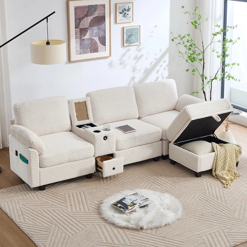 Divano grande in velluto - Xylo - Con console centrale USB-C e pouf
