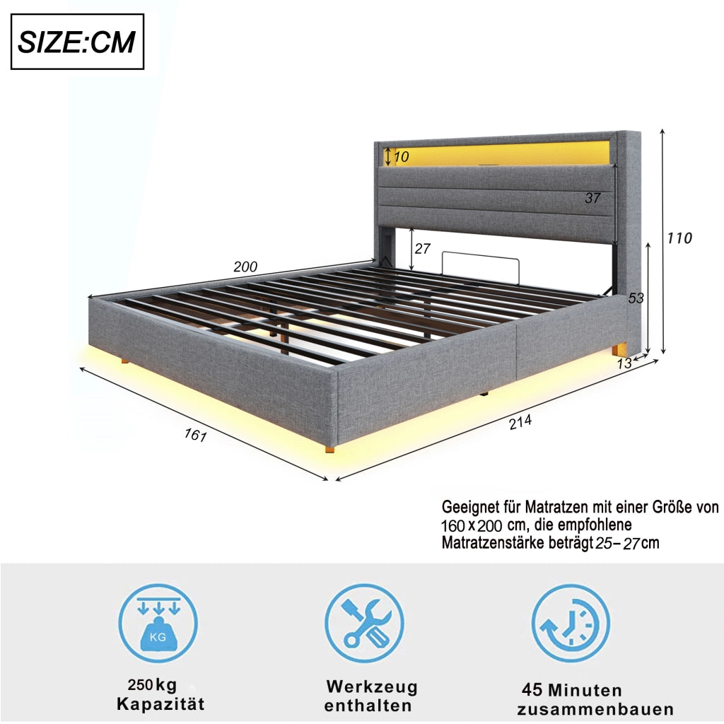 Letto imbottito matrimoniale 160x200 cm con contenitore idraulico, USB e LED, grigio