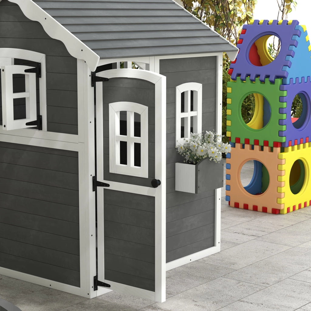 Casetta per Bambini in Legno di Abete con 6 Finestre e Fioriera ¨C Minimal ¨C Grigio 104.5x110x137 cm