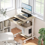 Scrivania PC compatta con cassetto, ripiani e ruote, finitura rovere