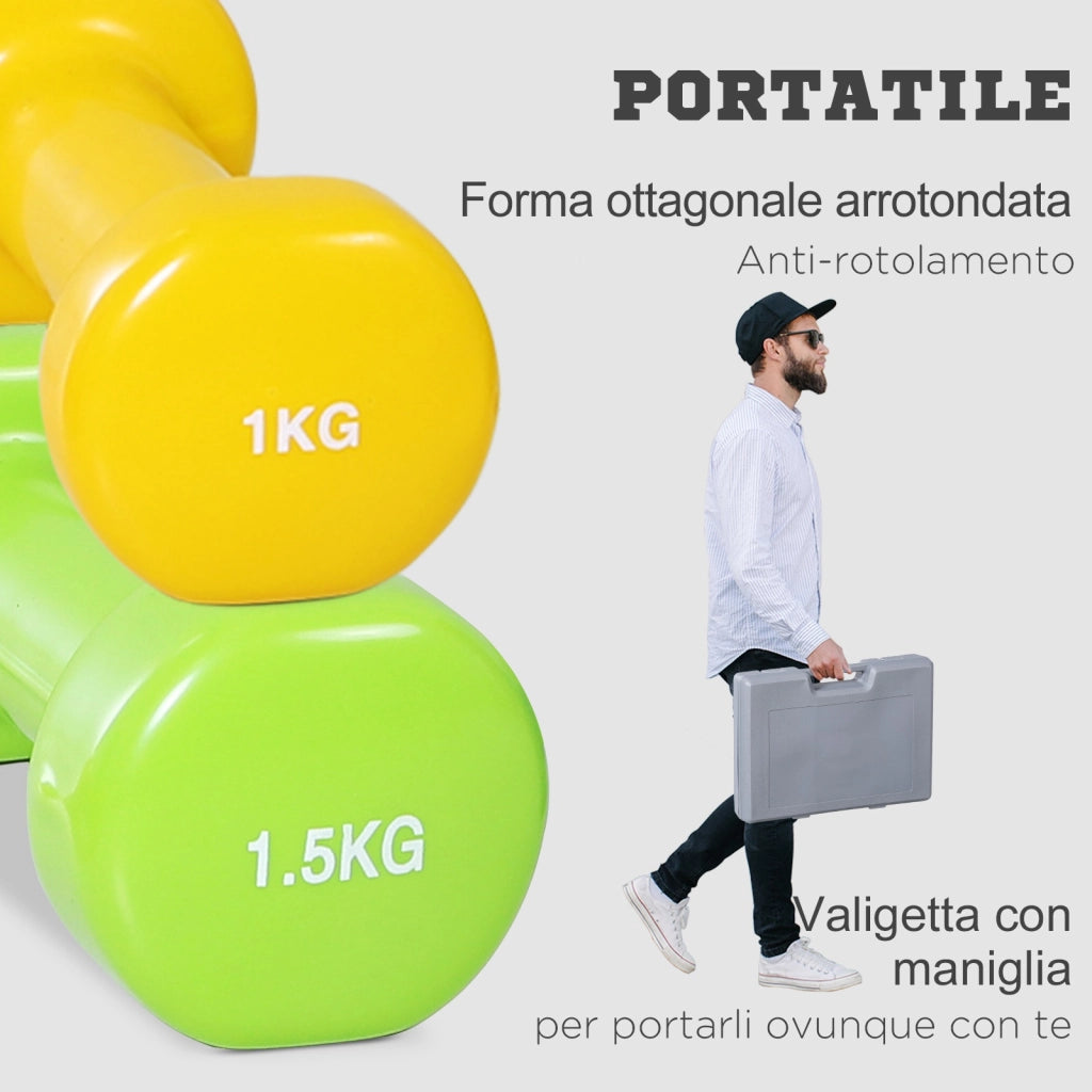 Set Manubri 10kg con Valigetta ¨C Xylo ¨C 4 Paia Colorati 2x0.5kg 2x1kg 2x1.5kg 2x2kg