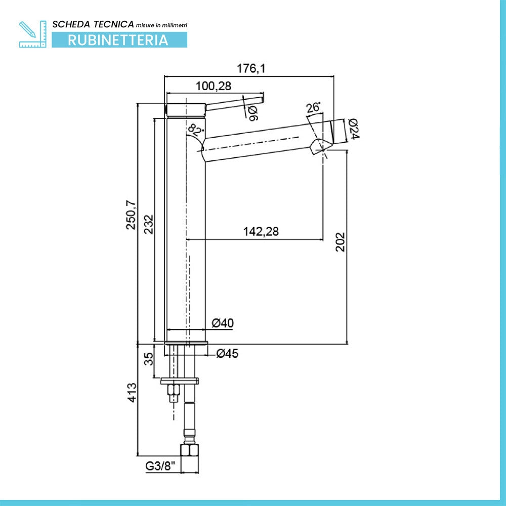 Miscelatore lavabo alto in ottone cromo con leva monocomando slim Alba