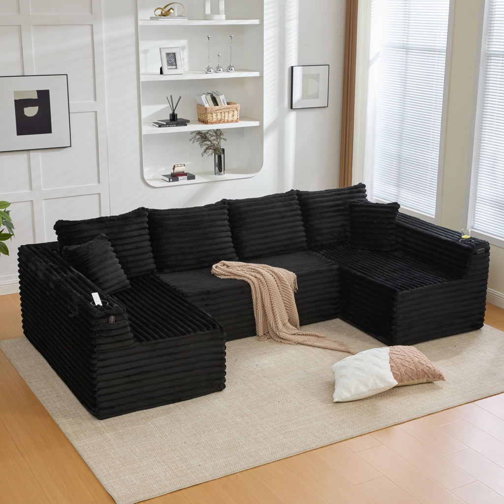 Divano ad U in Velluto a Coste con Portabicchieri ¨C MINIMAL ¨C Angolare, Cuscini, Ergonomico