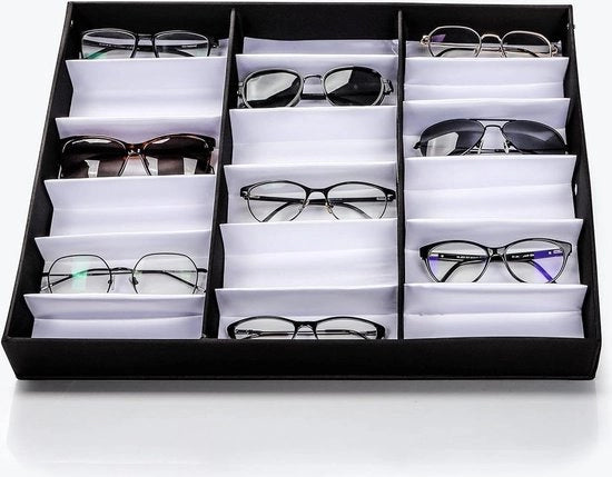 Organizzatore di Display per Occhiali Chiuso - 18 Compartimenti - Contenitore per Occhiali con Coperchio - Nero.