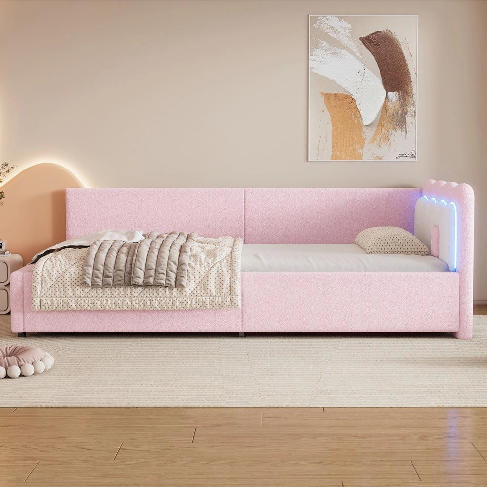 Letto Singolo con LED e Rete a Doghe ¨C MINIMAL ¨C Rosa, Tessuto, 90x200