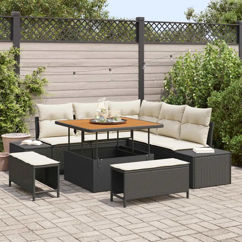 Set Divano da Giardino con cuscino 8 pcs Nero polyrattan