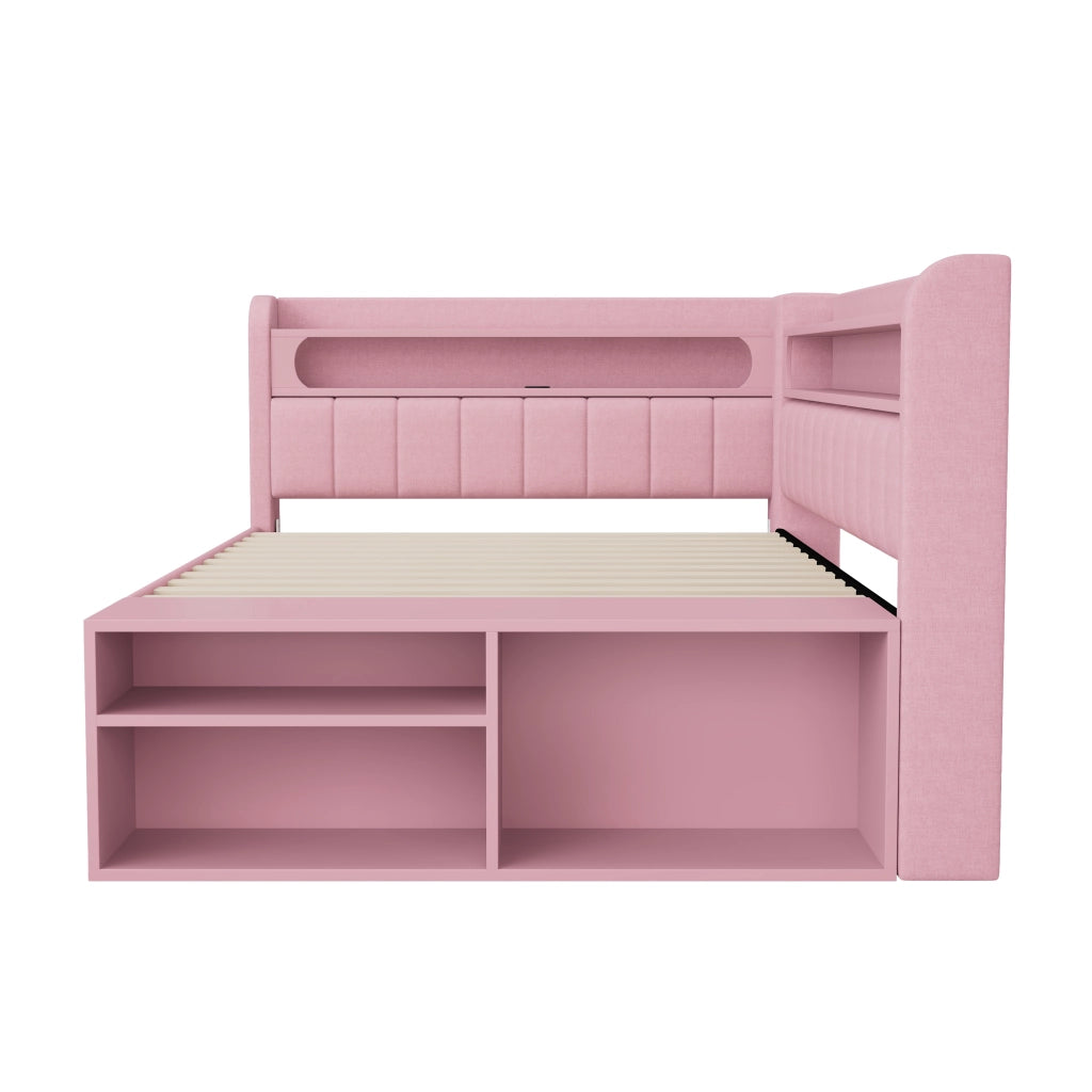 Divano letto imbottito 90x200cm - Zephmum- USB, LED, con scarpiera e 2 cassetti, Rosa
