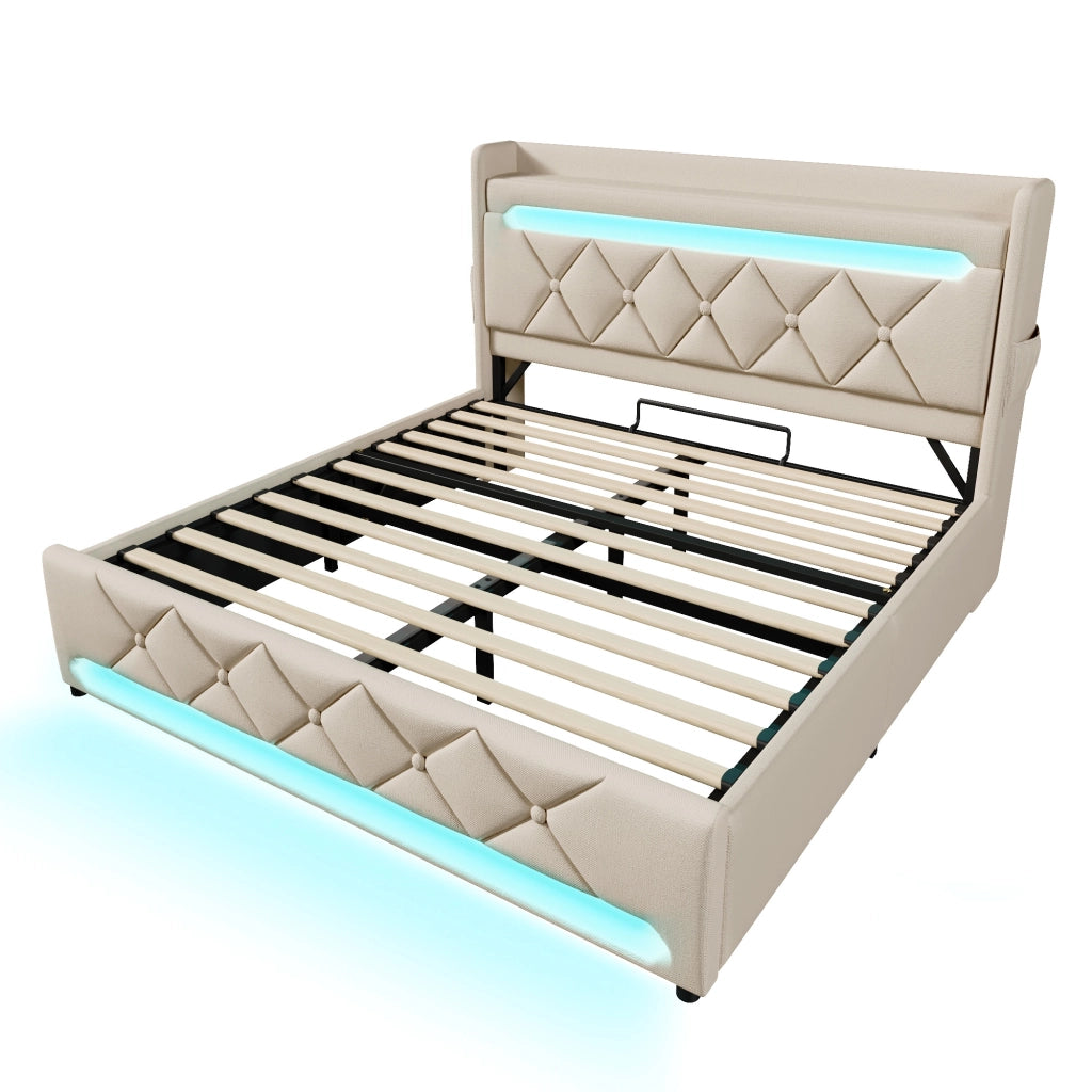Letto Matrimoniale Imbottito con Contenitore Idraulico e LED ¨C MINIMAL ¨C Beige, 180x200