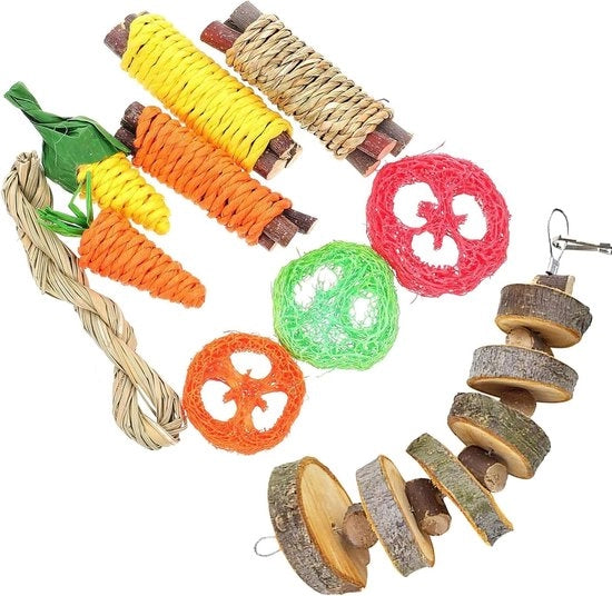 Set di Giocattoli per Animali Piccoli 9 in 1 - Accessori di Cura Dentale in Legno per Coniglio, Cavia, Chinčila - Giocattoli per Masticare Carote, Mais inclusi