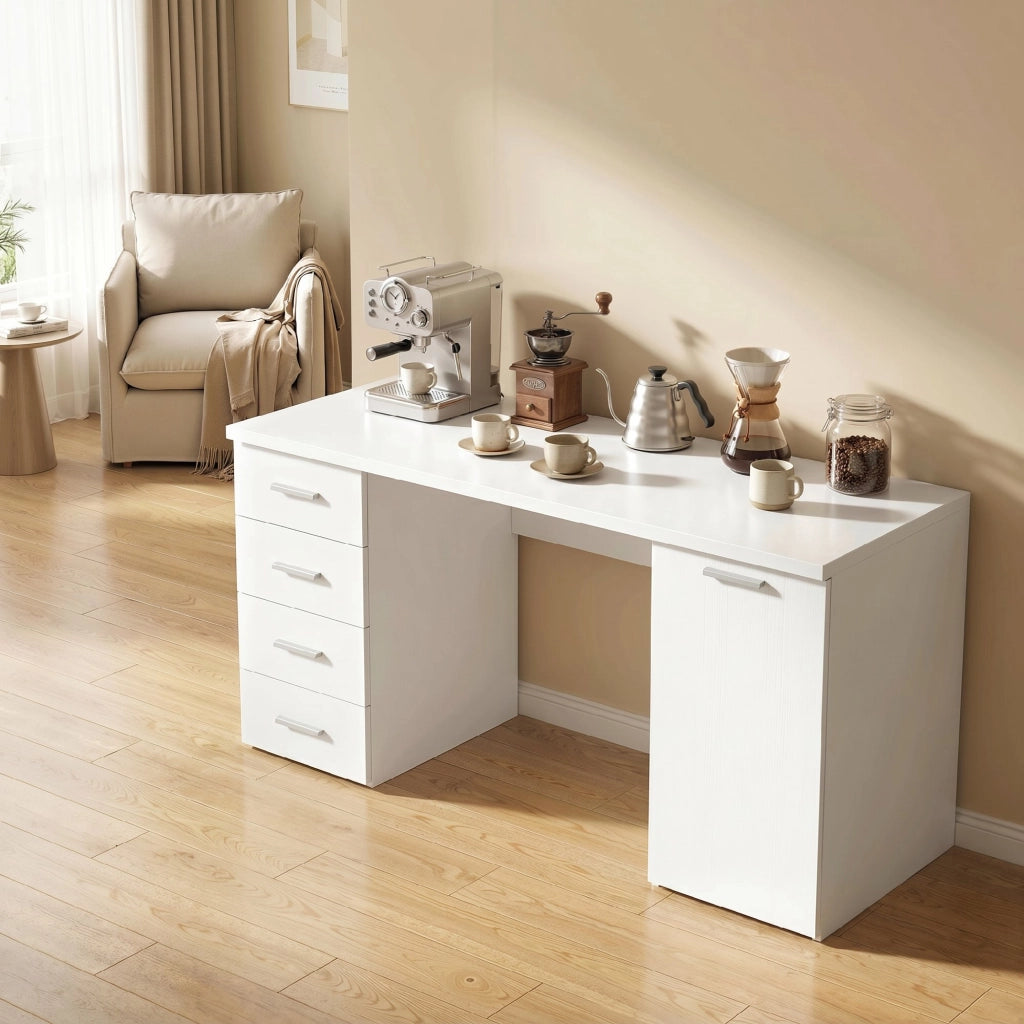 Scrivania con 4 cassetti e anta ¨C Xylo ¨C 140 cm bianco legno