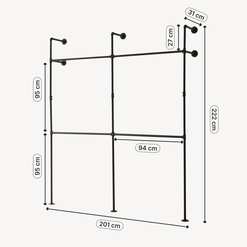 Stand Appendiabiti Kenävatka da Parete in Acciaio con Barra Porta Abiti 222x201x31 cm - Nero [en.casa]