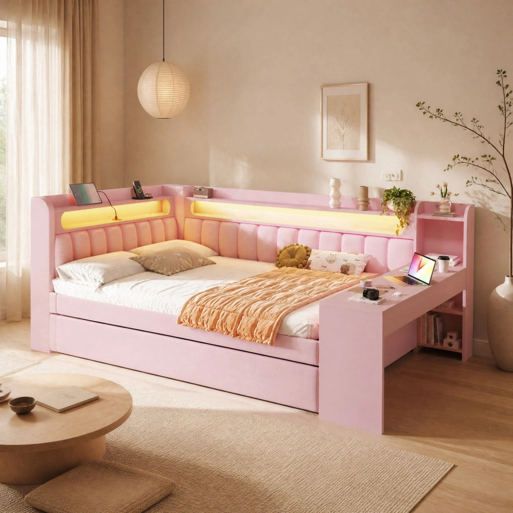 LETTO Giornaliero 140x200 cm Rosa con letto estraibile, USB, LED e scrittoio