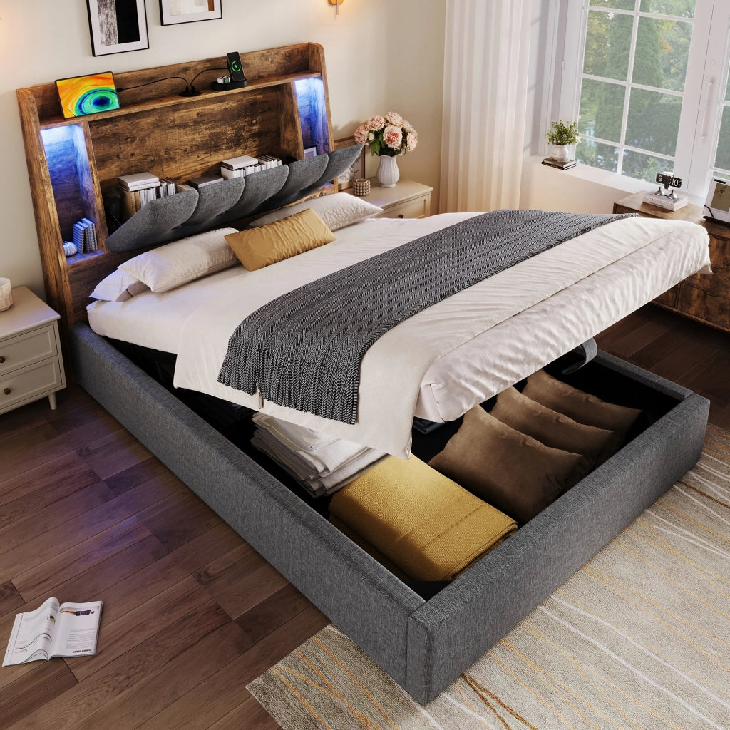 Letto imbottito singolo - Xylo - 90x200 - Grigio - Stelaio sollevabile USB-C