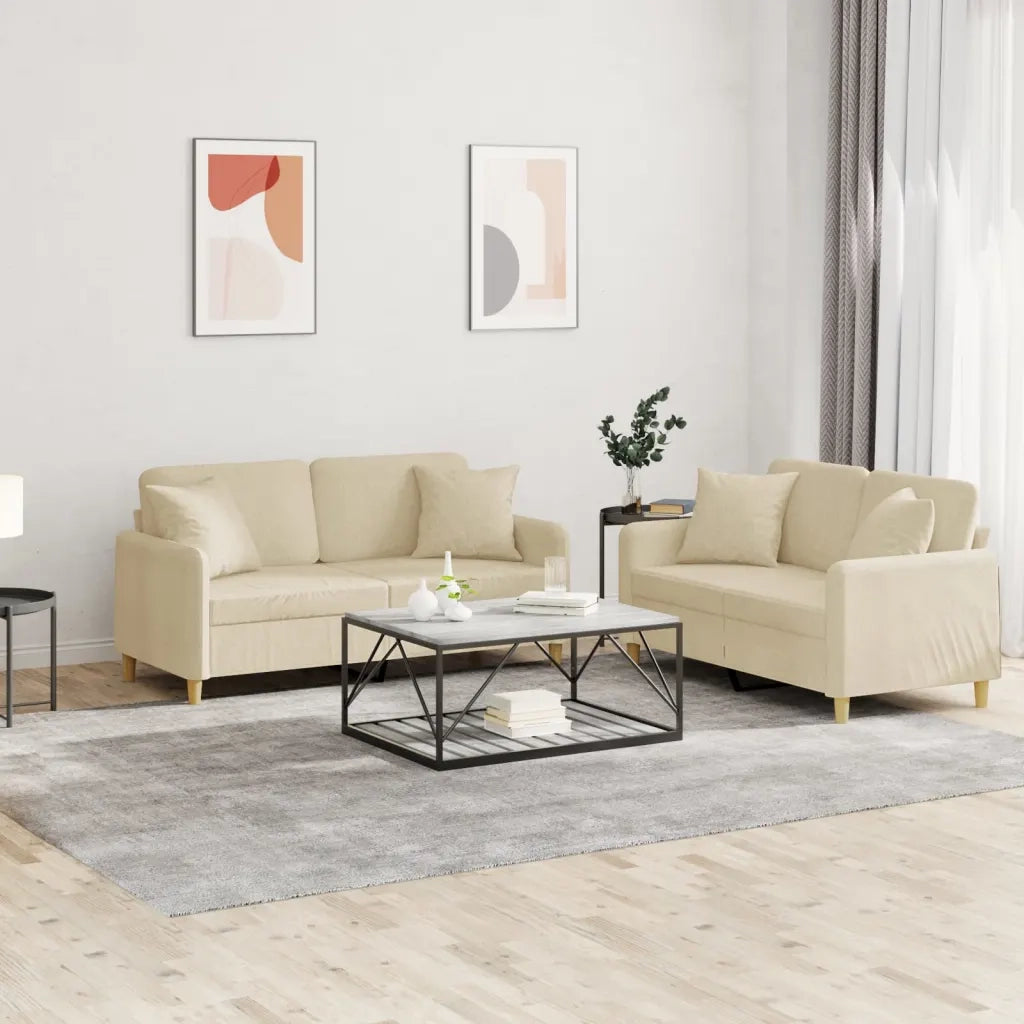 Set Divani 2 pz con Cuscini Crema in Tessuto