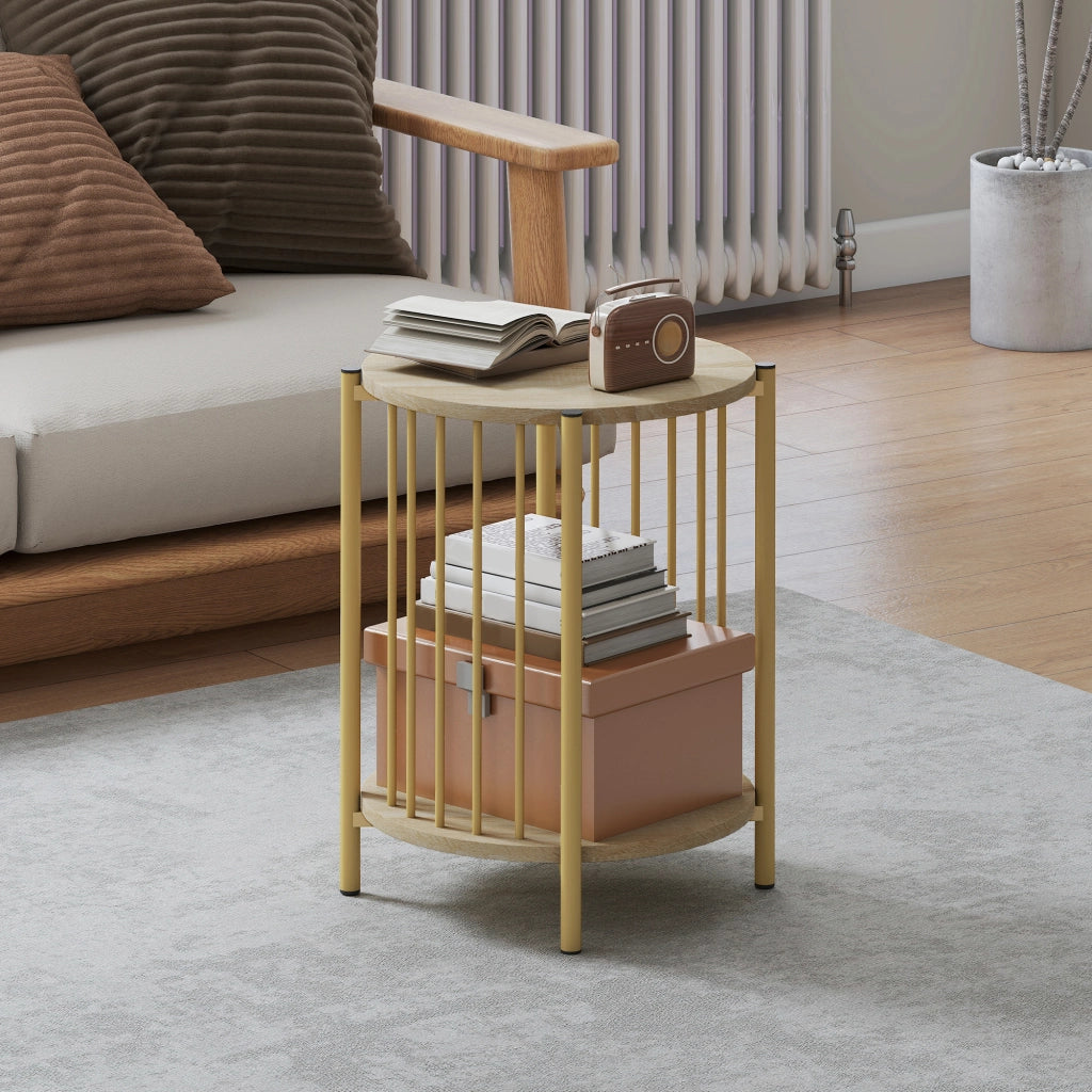 Tavolino da salotto rotondo a due livelli con ripiano ¨C Minimal ¨C legno naturale acciaio 41x49 cm
