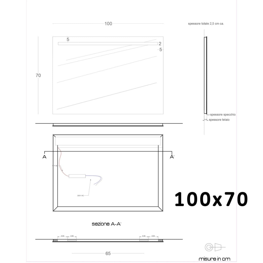 Specchio led bagno per mobile filo lucido 4 debby, misura 90x60