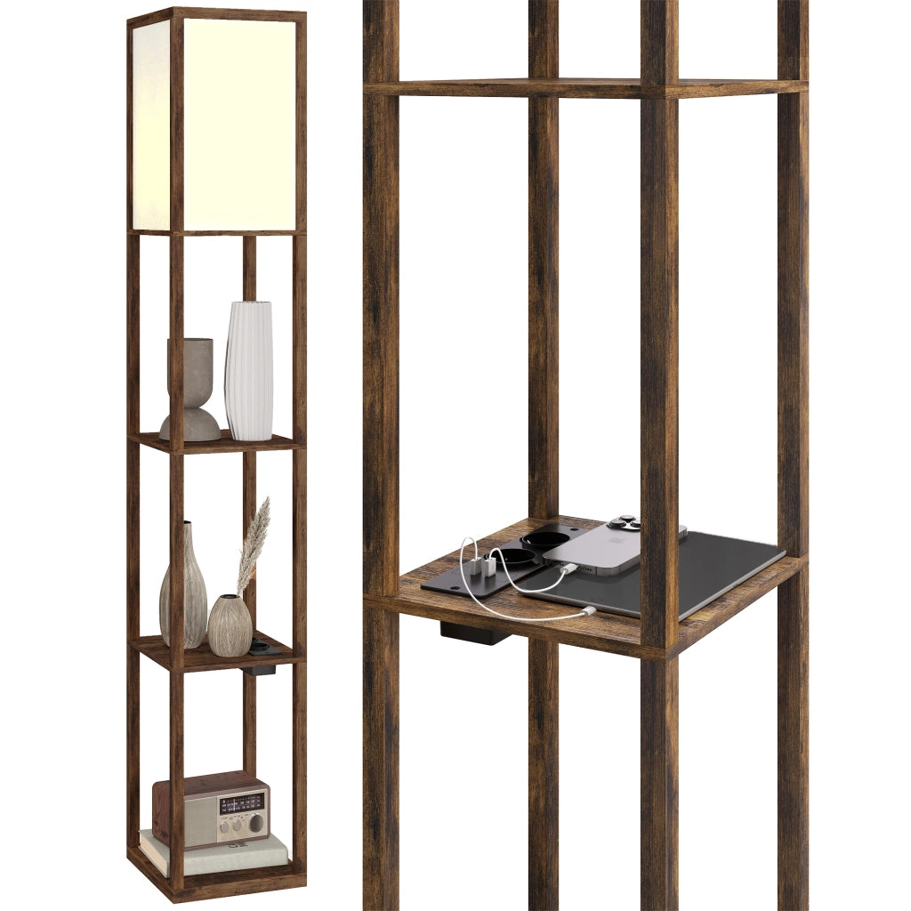 Lampada da Terra con Ripiani e USB ¨C Minimal ¨C Marrone