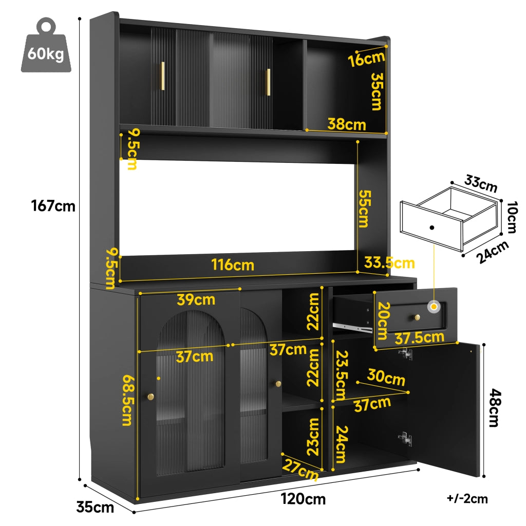 Credenza con LED ¨C MINIMAL ¨C Nero, Ante a Vetro, Ripiani Regolabili