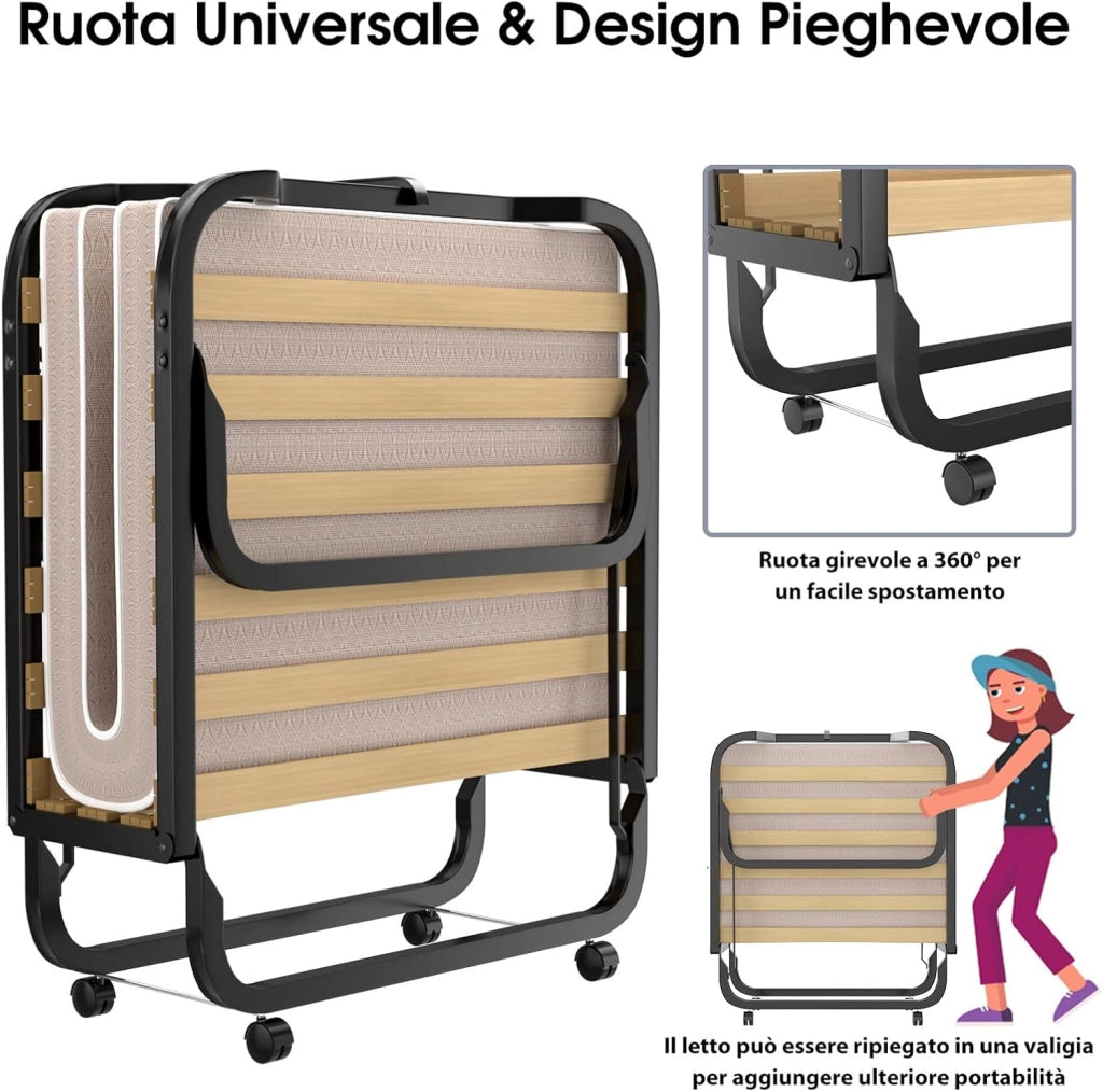 Letto Brandina Pieghevole a Doghe con Materasso in Memory Foam, 200x90 cm, Letto Portatile con 4 Ruote e Struttura Resistente, Carico 130kg, Made in Italy (Stile 2)