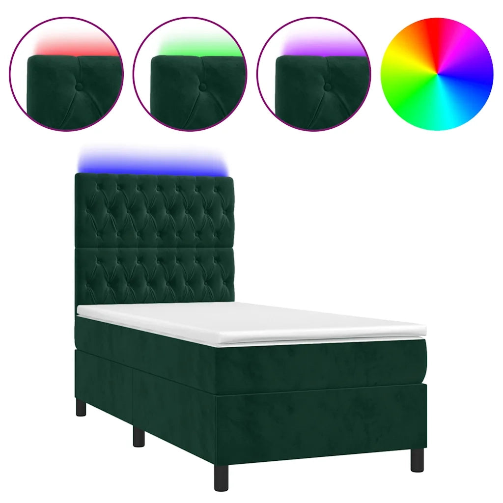 Letto a Molle con Materasso e LED Verde Scuro 80x200cm Velluto
