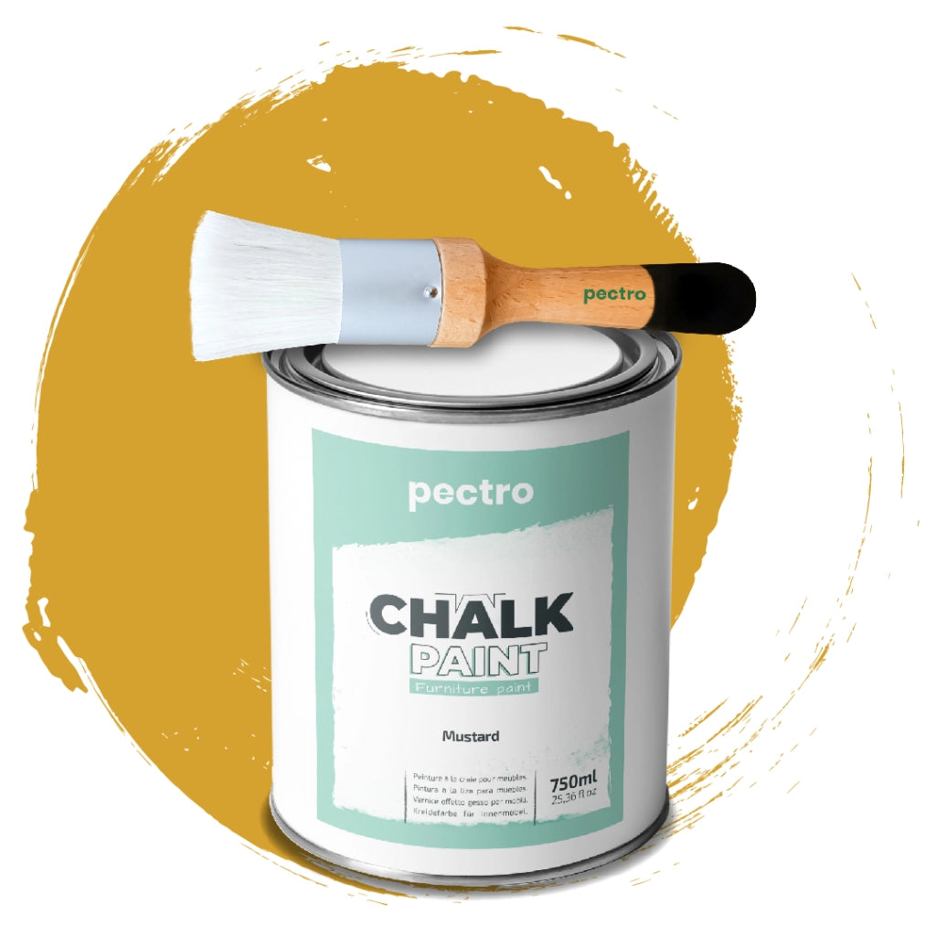 Chalk Paint Vernice a Gesso 750ml + Pennello Tondo in Legno Pack - Pittura per Mobili Senza Carteggiare (MOSTARDA)