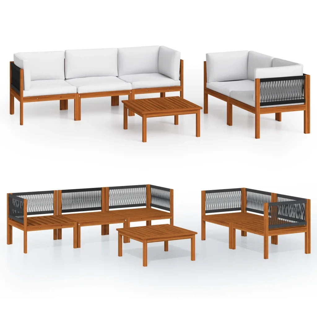 Set da giardino 6 pezzi con cuscini in legno crema, acacia e corda