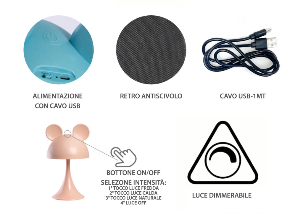 Lampada Led Per Bambini Da Tavolo Comodino Ricaricabile Modello Simply Mouse - Lampada - Azzurro