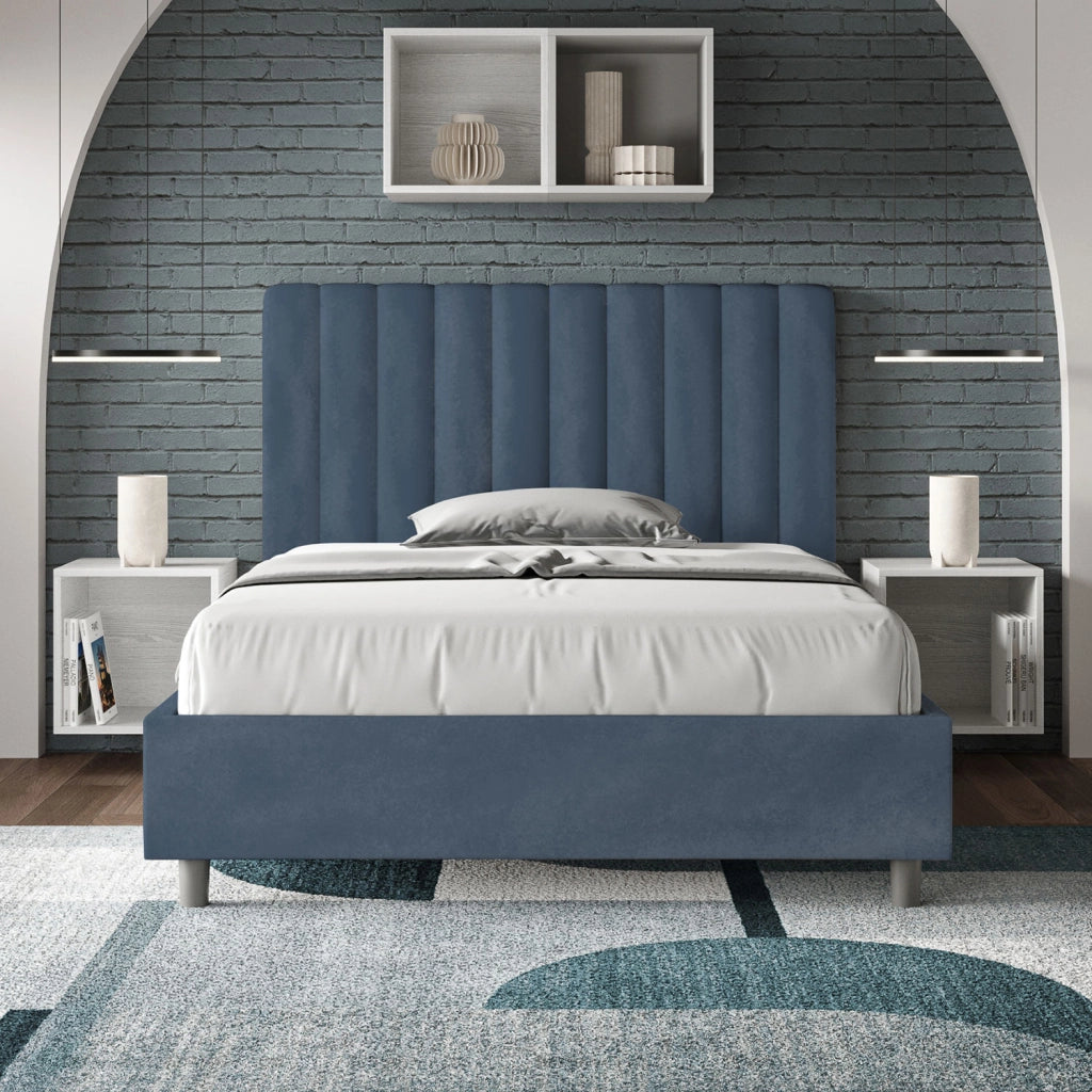 BS COM Letto una piazza e mezza con rete imbottito 120x200 microfibra blu