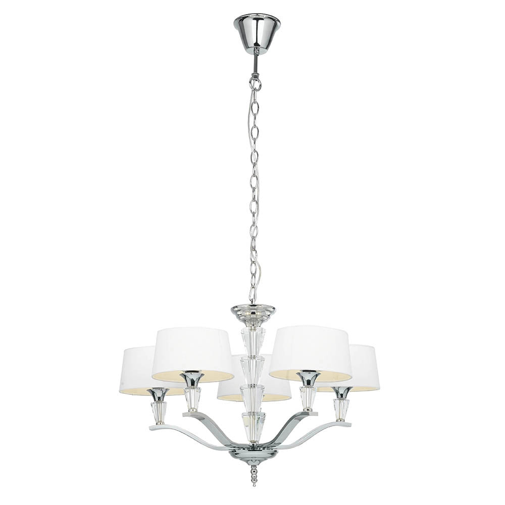 Lampadario 5 luci paralumi bianchi cromato cristalli E14