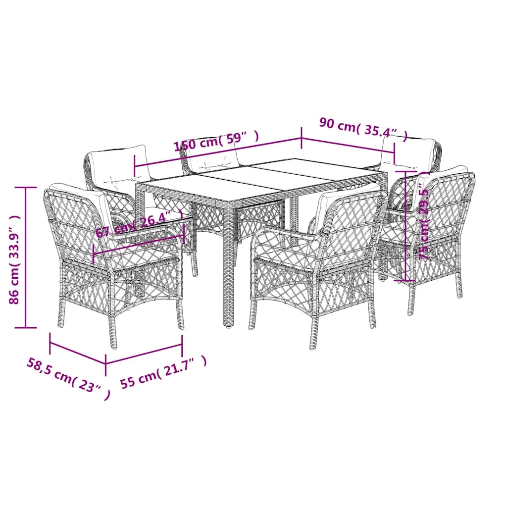 Set da Pranzo da Giardino 7 pz con Cuscini in Polyrattan Grigio
