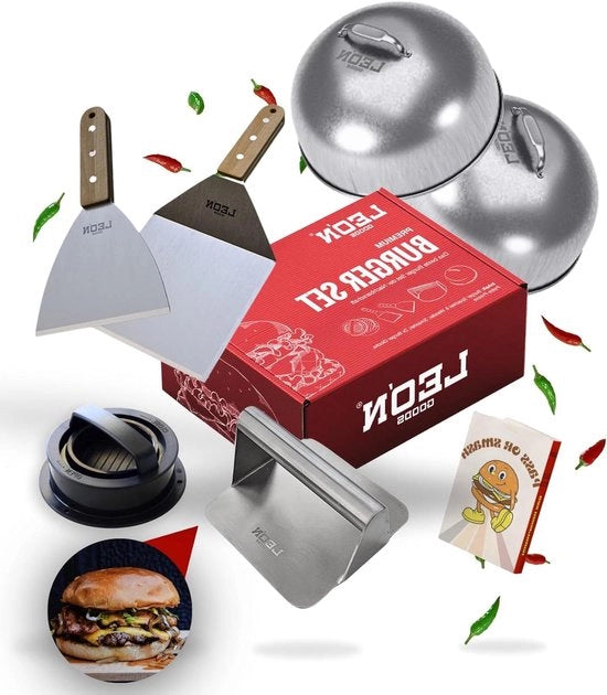 Hamburger Set a Smazzata - Legno di Quercia e Acciaio Inossidabile - 4 Pezzi