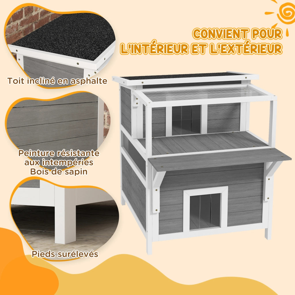 Casetta per gatti 2 livelli con balcone ¨C Xylo ¨C grigio chiaro