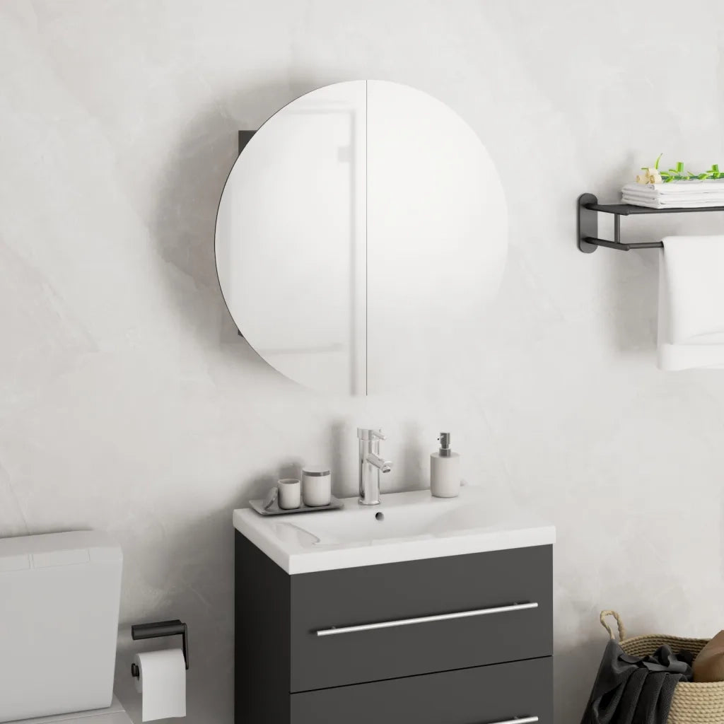 Armadio da Bagno | Mobile da Bagno con Specchio Rotondo e LED Grigio 40x40x17,5cm