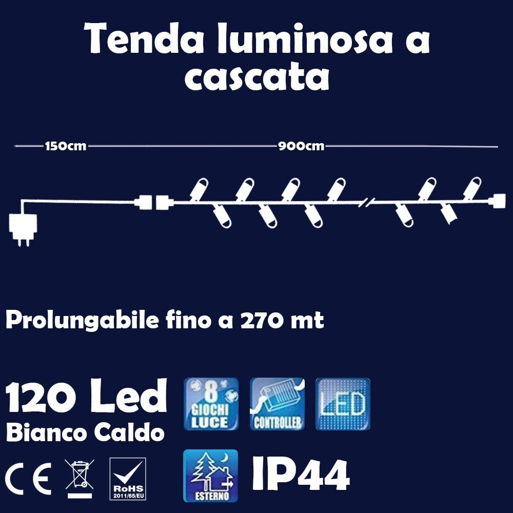 Trade Shop - Catena Luminosa Natalizia 120led Bianco Caldo Con Flash 9mt Esterno Prolungabile -