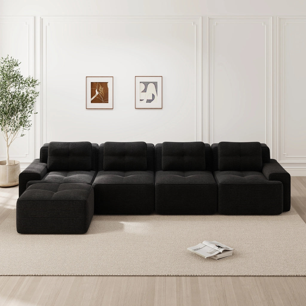 Divano Modulare Chaise Longue 4 Posti ¨C Xylo ¨C Velluto a Coste Nero